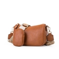 Minimalist brown pebbled leather saddle bag with geometric jacquard strap and coin purse - Earthy Yellow