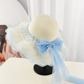 Summer beige straw beach hat featuring light blue tulle bow and delicate lace detailing - D-631 Off-white [blue Lace Bow] / M (56-58cm)