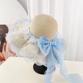 Summer straw hat for women with light blue lace trim and large pearl mesh bow - D-631 Beige [blue Lace Bow] / M (56-58cm)