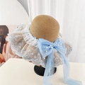 Women's straw sun hat with light blue mesh bow, pearls and white lace trim - D-631 Khaki [blue Lace Bow] / M (56-58cm)