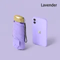 Lavender purple mini umbrella with gold handle, compact size compared to smartphone - Flat 5-Fold / With Cloth Sleeve / Purple