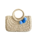 Handwoven straw tote bag in beige featuring blue gradient decorative pom-poms for summer - Blue / Small