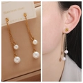 Elegant gold-plated stainless steel double pearl drop earrings for women and girls - 6# Tassel Pearl