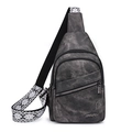 Grey washed canvas chest bag with multi-layer metal zippers and geometric strap - Black