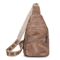 Brown faux leather sling bag with ethnic pattern wide strap for women stylish chest pack - Brown