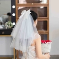Short white LED glowing bridal veil with large bow decoration for wedding photography - Swallowtail Bow Veil