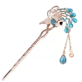 Elegant Phoenix hair pin with blue crystals and long tassels in rose gold finish - Rose Gold Blue Phoenix Tassel (FZ059)