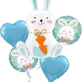 Set di 5 palloncini pasquali con coniglio bianco, carota e cuori blu in alluminio - Set Coniglio Cuore (Set 6)