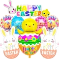 Easter bunny and chick foil balloons set with Happy Easter banner for party decor - Large Egg Bunny Chicken Set (Set 14)