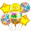5pcs Happy Easter balloon set with yellow chick, bunny prints and gold stars - Gold Star Chicken Set (Set 17)