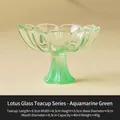 Water green lotus shaped glass tea cup with ribbed petals and pedestal base, 40ml - Aqua Green