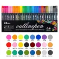 Set of 24 colors double line outline pens with metallic finish for DIY journaling - 24 Colors Outline Marker Black Barrel [Old Model]