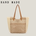 Handmade woven straw tote bag with brown leather handles and wavy hollow texture - Beige