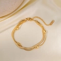 Elegant gold double-layer snake chain bracelet with beads made of titanium steel - Rice Bead and Blade Style (E2089) / Bracelet / Gold