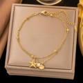 Double-layered gold clover necklace with starfish pendant and pearl accent in gold - Pearl Starfish Shell Style (E133) / Bracelet / Gold