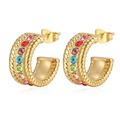 Golden C-shaped twist earrings with multicolor zircon inlays on a white reflective base - Twisted Rope Colorful Zircon Gold (MS-187)
