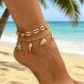 Juego de dos tobilleras doradas con colgantes de estrella de mar y concha para la playa - Tobillera Doble Capa Concha Estrella Mar (S86)