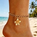 Tobillera de cadena cubana dorada con elegante colgante de flor para lucir en playa - Tobillera Cadena Gruesa Flor Cinco Pétalos (A-138)