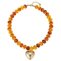 Close-up detail of amber resin beads and a golden heart pendant summer beach necklace. - Translucent Amber Style (Style-4)
