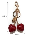 Sparkly red heart cherry keychain with gold metal leaf and lobster clasp, 12.7cm length - Heart Cherry