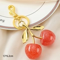 Portachiavi con ciliegie rosse glitterate e foglie dorate, misura 13x6,2 cm - Ciliegia a Doppia Foglia - Rosso Luccicante