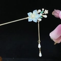 Eleganter goldener Haarschmuck mit hellblauen Blumen, Perlen und hängenden Quasten - Hellblau Blumen Künstliche Perle Quaste Stil (发簪2458) / Hellblau