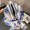 Blue and white silk scarf with floral pattern paired with elegant accessories - 180cm x 90cm / Wave Floral (Style 1)
