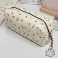 Floral cream canvas pencil case with red flower pattern and cute bear keychain charm - Floral Pencil Case