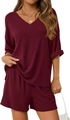 Women's burgundy ribbed knit two-piece lounge set with V-neck top and shorts - Burgundy