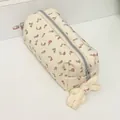Cream floral canvas pencil case with red flowers and cute white bunny plush keychain - Red Floral Pencil Case (with Rabbit Charm)