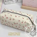Cream floral canvas pencil case with tulip patterns and cute bear pendant charm - Small Bear Charm