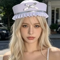 Sweet lavender sailor hat with silver bow accent and white pleated lace trim details - M (56-58cm) / White Lace Bow