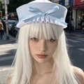 Light blue striped sailor beret with white ruffle lace and satin bow for women - M (56-58cm) / Blue Lace Bow