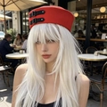 Red sailor beret cap with white long hair wig and decorative leather straps for summer style - M (56-58cm) / Red with Leather Buckle