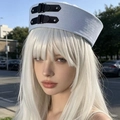 Light blue sailor beret featuring black leather buckles on the side in summer style - M (56-58cm) / Blue with Leather Buckle