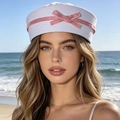 Striped sailor hat for women in white with pink velvet bow ribbon detail - M (56-58cm) / White with Pink Plaid Bow