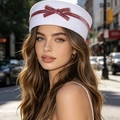 Elegant white sailor hat with sweet pink velvet ribbon and bow detail for summer - M (56-58cm) / White with Pink-Red Bow