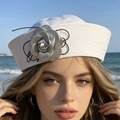 White sailor miki hat with metallic camellia flower and artistic graphic design - M (56-58cm) / White Camellia