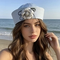 Light blue striped sailor hat for women with a large white 3D camellia flower accent - M (56-58cm) / Blue Camellia