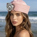 Pink striped sailor hat with decorative silver flower and black ribbon for summer sun protection - M (56-58cm) / Pink Camellia