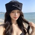 Women's black canvas sailor hat with a cute black and white polka dot bow decoration - M (56-58cm) / New Black Polka Dot Bow