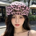 Chic pink leopard print sailor cap for women featuring a stylish bow and canvas texture - M (56-58cm) / New Pink Leopard Bow