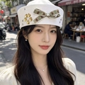 White sailor cap with camouflage bow, pearl flower, and sparkling rhinestone details - M (56-58cm) / White Bow With Rhinestones