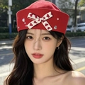 Red sailor beret featuring sweet bow with pearls and heart rhinestones for women - M (56-58cm) / Red Bow With Rhinestones