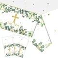 Religious party supplies set with God Bless gold cross and green eucalyptus pattern - 137*274 Green Tablecloth