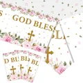 God Bless party banner with pink floral roses and gold cross for religious celebrations - 137*274 Pink Floral Tablecloth