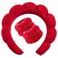 Red sponge headband with matching wrist washbands set for face washing and skincare - Red 3-Piece Set (Terry Cloth)