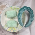 Braided dark teal sponge headband and light mint wristbands skincare set on a ceramic plate - Green 3-Piece Set (Velvet)