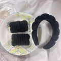 Black plush sponge headband and wristbands set for face washing and skincare routines - Black 3-Piece Set (Velvet)