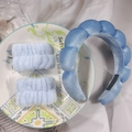 Light blue sponge headband and wristband set for facial cleansing and skincare - Blue 3-Piece Set (Velvet)